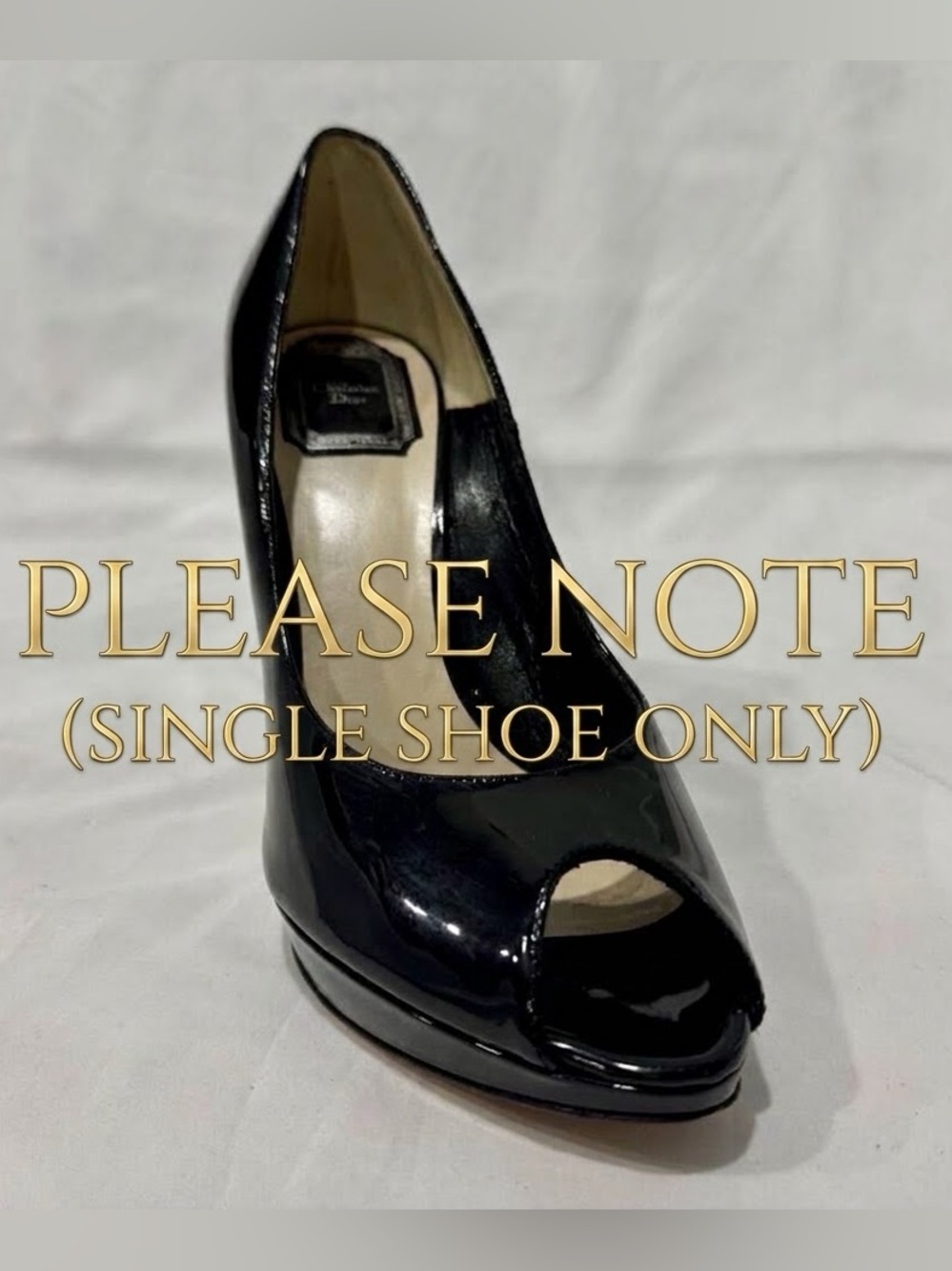 Christian Dior Black Patent Peep Toe Platform Heel Single Shoe 38.5